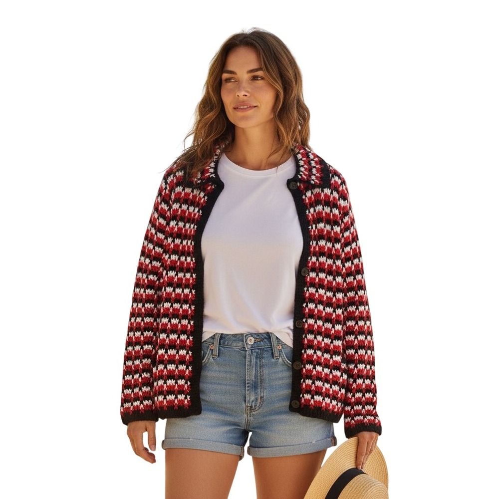 Vintage Handmade Geometric Crochet Cardigan Red Black White Button Up‎ Women's
